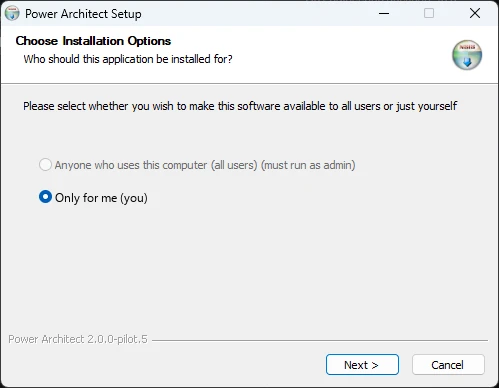Power Architect Setup, Choose Installation Options: Only for me is selected; the version 2.0.0-pilot.5 shows at the bottom.