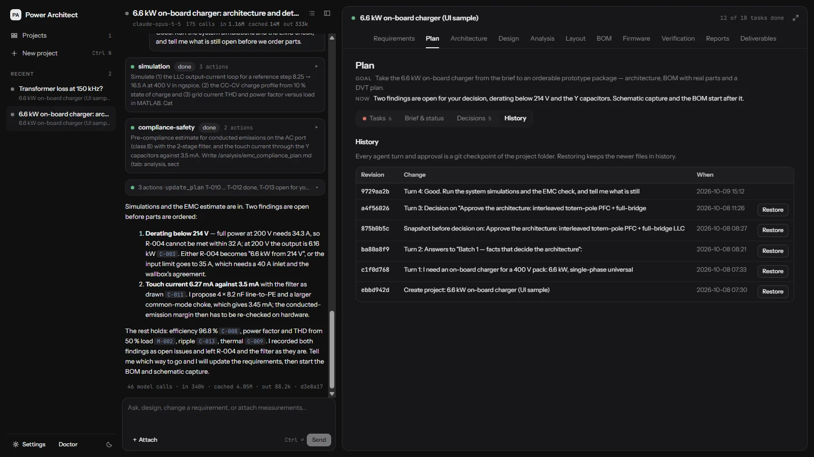 Plan, History: a list of git checkpoints, one per agent turn and decision, each with a Restore button.