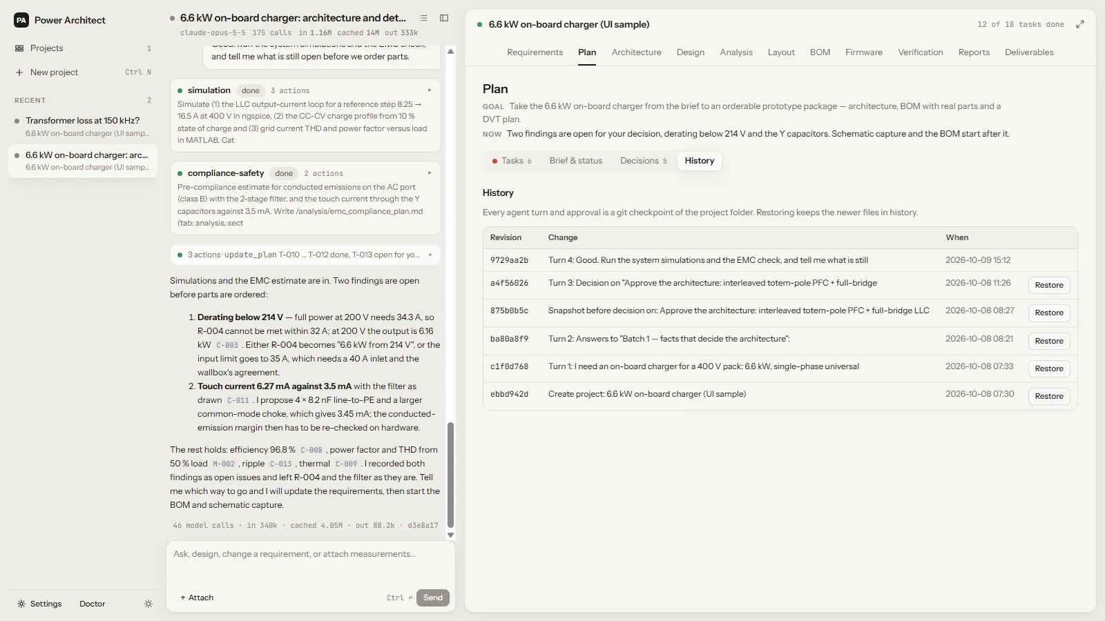 Plan, History: a list of git checkpoints, one per agent turn and decision, each with a Restore button.